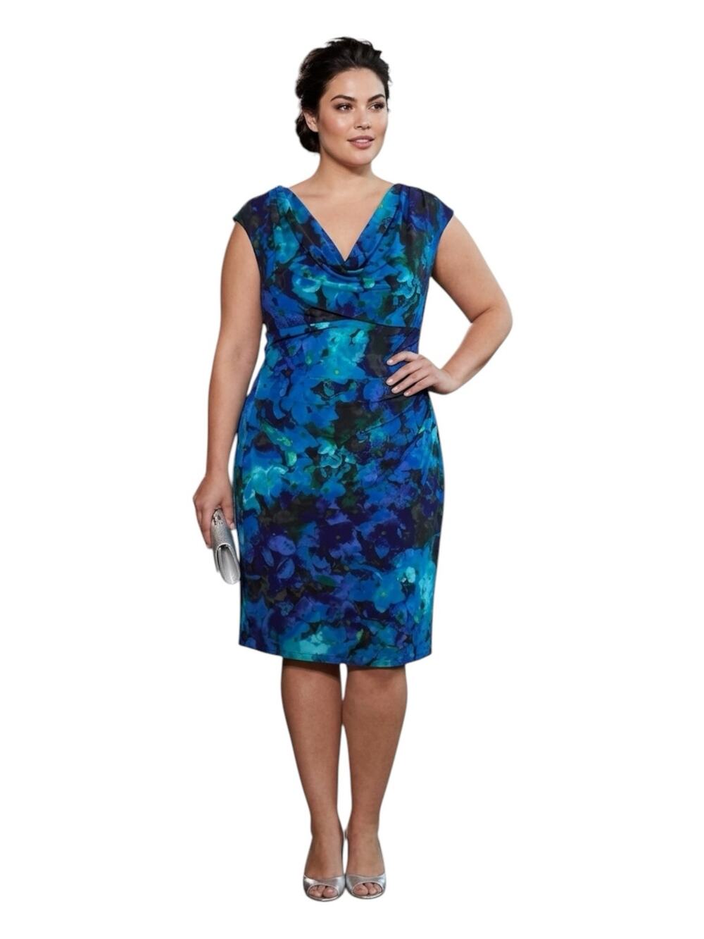Lauren Ralph Lauren Blue Floral Jersey Cowl Neck Ruched Sheath Dress Size 16
